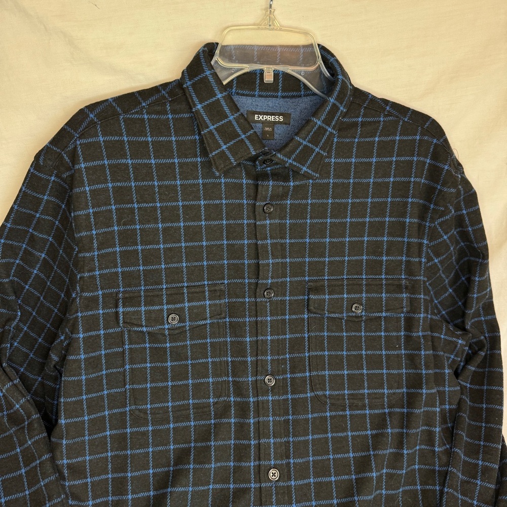 Express Men's Flannel Black and Blue Checkered Shirt